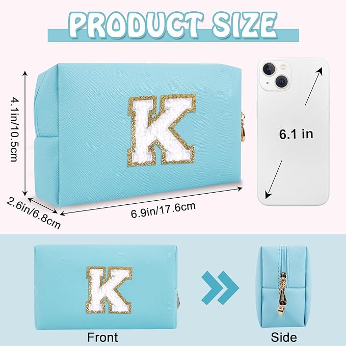 Personalized Small Preppy Makeup Bag, Chenille Letter Blue Initial Cosmetic Zipper Pouch Travel Toiletry Organizer, Waterproof PU Leather Make Up Case Travel Essentials for Women Friendship(Letter K)