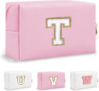 Personalized Small Travel Preppy Makeup Bag, Chenille Letter Pink Cute Makeup Bag Initial Cosmetic Pouch Toiletry Organizer, PU Leather Waterproof Makeup Storage Teacher Appreciation Gifts(Letter T)