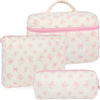 3Pcs Makeup Bag Quilted Cotton Cosmetic Bags for Women Large Small Pink Bow Makeup Pouch Set Cute Coquette Floral Travel Bags Portable Skincare Toiletry Bag Vintage Puffy Essential Organizer