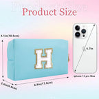 Small Personalized Letter Makeup Bag, Cute PU Leather Chenille Letters Cosmetic Bag Travel Makeup Pouch, Preppy Travel Organizer Zipper Pouch for Women&Girls（Blue-H）