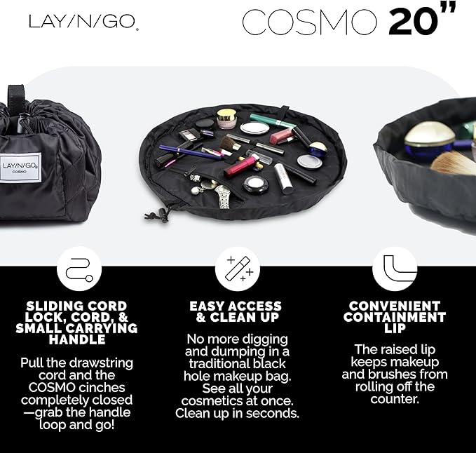 Lay-n-Go Cosmo Layflat Drawstring Cosmetic & Makeup Bag Organizer w/Zipper Pocket, Brush Loops & More, Cinch to Close, Lay Flat to Use, Durable, Machine Wash, Travel Toiletry Bag (20", Leopard)