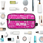 Personalized Travel Cosmetic Bag Waterproof Makeup Bags, Custom Name Rosy Pink Organizer Case Toiletries Container Bag