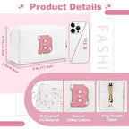 Small Initial Patch Makeup Bag Personalized Gifts Make Up Bag,White Cute PU Leather Glitter Letter Cosmetic Bag with Zipper,Trendy Portable Travel Toiletry Pouch,Preppy Stuff for Teen Girls Women B