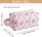 Makeup Bag Travel Cosmetic Bag for Women, Zipper Make Up Pouch, Floral Flowers Toiletry Organizer Makeup with Handle, Cosmetic Travel Cloth Bag (Pink Bowknot)