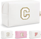 Personalized Initial Preppy Makeup Bag, Small Cute White Toiletry Pouch Monogram Cosmetic Travel Organizer with Zipper, PU Waterproof Glitter Make Up Bags Storage Gift for Women Coworker(Letter C)
