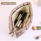 Puffer Quilted Makeup Bag Travel Cosmetic Bag Portable Puffy Checkered Toiletry Pouch Skincare Organizer Purse Pencil Case (Champagne Gold)