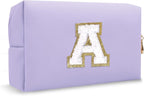 Personalized Initial Preppy Patch Makeup Bag, Small Cute Purple Cosmetic Zipper Pouch Makeup Organizer Travel Toiletry Organizer,Monogram Waterproof PU Chenille Letter Storage Bags for Women(Letter A)