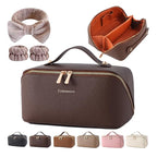 Makeup Bag, Travel Toiletry Bag for Women, Large Capacity Waterproof PU Leather Cosmetic Bags Make Up Organizer Bags with Headband and Wristband Set (Brown, Lychee Pattern)