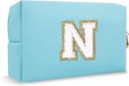Chenille Letter Personalized Initial Preppy Makeup Bag, Small Cute Blue Cosmetic Zipper Pouch Travel Toiletry Bags, Waterproof PU Monogram Make Up Organizer Gifts for Nurse Nieces Teacher(Letter N)