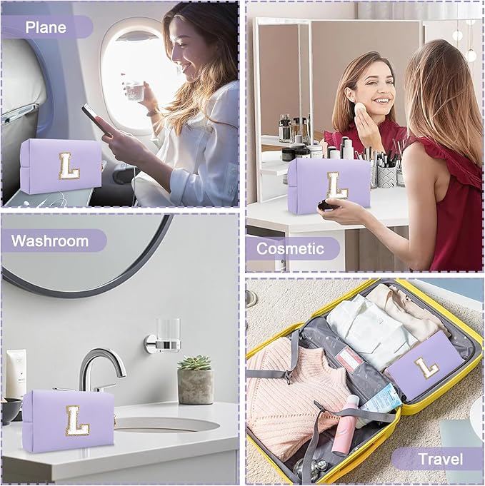 Personalized Initial Preppy Makeup Bag Organizer, Small Purple Cute Cosmetic Bag Travel Toiletry Zipper Pouch for Women, Portable Waterproof PU Makeup Case Birthday Gifts for Friends Teacher(Letter L)
