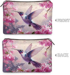 COEQINE Pink Makeup Bag for Women Leather Cosmetic Wallet Pink Hummingbirds Floral Print Cosmetic Purse for Wedding Birthday Party Cute Portable Cell Phone Case