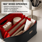 NAORI Travel Makeup Bag for Women | Large Luxury Cosmetic Organizer with Handle & Inner Pockets | Waterproof Leather Toiletry Bag | Makeup Case for Home, Travel & Gifting (Elegant Black)