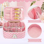 OCHEAL Makeup Bag for Women, Monogram Cosmetic Bag with Brush Holder, Pink Travel Makeup Case Beauty Toiletry Bag Organizer Personalized Gifts for Girls Teens Bridesmaid Sister Wife Friends Initial A