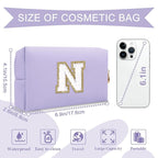 Personalized Makeup Bag Initial A-Z Preppy Patch Bag,Small PU Leather Travel Cosmetic Bag Pouch with Zipper,Purple Cute Toiletry Bag,Gift Ideal for Teen Girls Women Birthday Friend Mom,Latter N