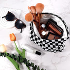 ZLFSRQ 2Pcs Checkered Makeup Bag for Women Large Small Checkered Cosmetic Bag Set Aesthetic Preppy Pencil Case Cute Pencil Pouch Black Makeup Pouch for Purse Travel Toiletry Bags Zipper Skincare Bags
