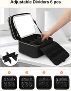 TANTO Travel Makeup Bag with LED Mirror Double Layer Makeup Case with Lighted Mirror Dual Layer Cosmetic Train Case Portable Artist Organizer Bag with Dividers and Rechargeable Vanity (Black, Small)