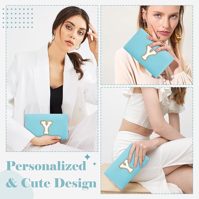 Small Personalized Initial A-Z Preppy Patch Makeup Bag,PU Chenille Letter Travel Cosmetic Pouch with Zipper,Blue Cute Toiletry Bag,Gift Ideal for Teen Girls Women Teacher Bridesmaid,Letter Y