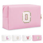 Small Personalized Initial A-Z Patch Makeup Bag,Pink Cute PU Leather Glitter Letter Cosmetic Bag for Teen Girls,Travel Toiletry Bag with Zipper,Preppy Monogrammed Birthday Gift for Daughter Niece O