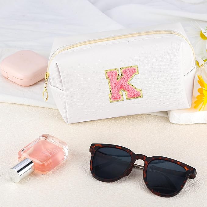 Initial Makeup Bag Personalized Preppy Travel Small Cosmetic Bag Cute PU White Chenille Letter Makeup Pouch for Purse Waterproof Zippered Toiletry Organizer for Women Girls Kids Friends (K)