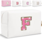 Small Personalized Glitter Initial Letter Makeup Bag, Cute PU Leather Chenille Letters Cosmetic Bag Travel Makeup Pouch, Preppy Travel Organizer Zipper Pouch for Women&Girls（WhiteRosePink-F）