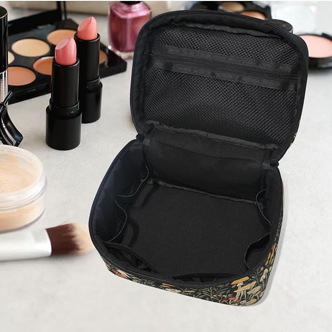 MNSRUU Makeup Bags, Vintage Wildflower Mushrooms Makeup Organizer Bags Toiletry Bag Box Travel Cosmetic Bag Make Up Train Case for Women Teen Girl Ladies