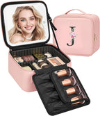 Relavel Initial Makeup Bag with LED Mirror for Women Girls, Personalized Travel Cosmetic Organizer Train Case, Birthday Gifts for Grandkids Bridesmaid Graduation Teacher Friends, Trendy Stuff, Pink J