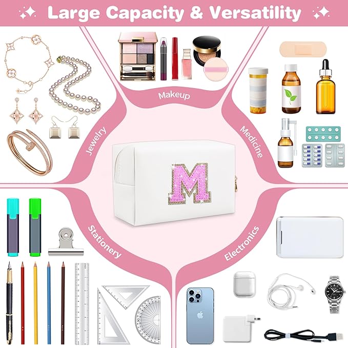 Small Initial Patch Makeup Bag Personalized Gifts Make Up Bag,White Cute PU Leather Glitter Letter Cosmetic Bag with Zipper,Trendy Portable Travel Toiletry Pouch,Preppy Stuff for Teen Girls Women M