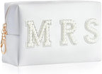 Bride Patch MRS Letter Makeup Bag for Women Bridesmaid Engagement Gift for Her White Pearl Rhinestone Travel Toiletry Bag Make Up Bag Pouch for Purse Bridal Shower Gifts for Engagement Wedding