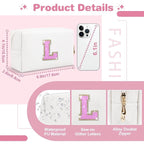 Small Initial Patch Makeup Bag Personalized Gifts Make Up Bag,White Cute PU Leather Glitter Letter Cosmetic Bag with Zipper,Trendy Portable Travel Toiletry Pouch,Preppy Stuff for Teen Girls Women L