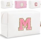 Small Personalized Letter Makeup Bag, Cute PU Leather Chenille Letters Cosmetic Bag Travel Makeup Pouch, Preppy Travel Organizer Zipper Pouch for Women&Girls（WhitePink-M）