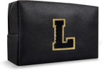 Personalized Initial Preppy Travel Makeup Bag Organizer, Small Black Cute Cosmetic Bag Toiletry Zipper Pouch for Purse, Portable Waterproof PU Make Up Case Birthday Gift for Her Mom Teacher(Letter L)