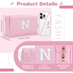 ChaoGreat Bride Gifts – Personalized Initial Makeup Bag with Pearl Rhinestone Patch, Preppy Pink Monogram Cosmetic/Toiletry Pouch, bridesmaid Gifts, Bridal Shower Gifts, Wedding Gifts, Bridal Gifts,N