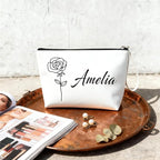 Personalized Makeup Bag Initial&Birth Flower Custom Small Travel Cosmetic Bag with Name Cute Makeup Bag for Women Girls