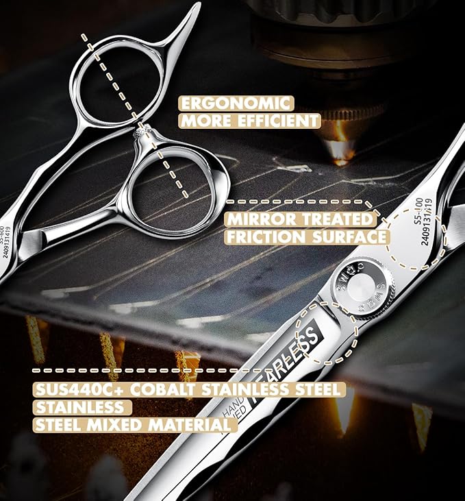 Professional Ergonomic Hair Cutting Scissors - SUS440C & Cobalt Stainless Steel Barber Shears - Fine Adjustment Tension - Premium Shears for Hair Cutting (6.0 Inches)
