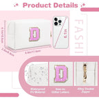 Small Initial Patch Makeup Bag Personalized Gifts Make Up Bag,White Cute PU Leather Glitter Letter Cosmetic Bag with Zipper,Trendy Portable Travel Toiletry Pouch,Preppy Stuff for Teen Girls Women D