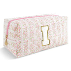 Personalized Quilted Cosmetic Bag, Puffy Monogrammed Christmas Birthday Gifts for Women & Girls, Cute initial Floral Makeup Bag Puffer Coquette Bag, Aesthetic Travel Toiletry Zipper Pouch(Pink,I)