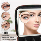 Travel Makeup Bag with LED Mirror and 10x magnifying glass with 3 Lighted Settings, Adjustable Dividers and Makeup Brush Storage Bag Dark Brown