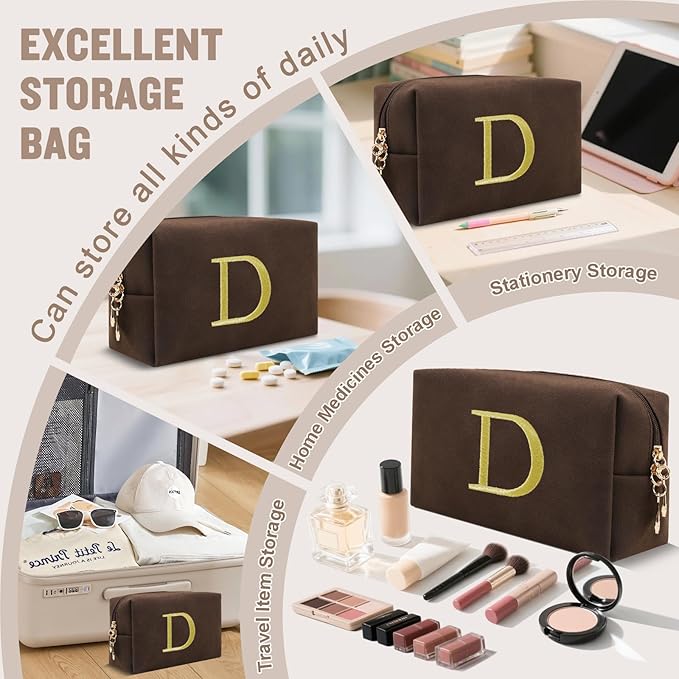Personalized Initial Makeup Bag,Preppy Suede Cosmetic Bag for Teen Girls,Small Monogram Travel Toiletry Bag With Gold Embroidered Letter,Trendy Stuff Custom Christmas Gift for Women(Coffee-D)