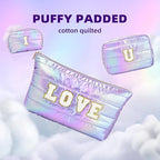 Hiroyuki 3pcs Iridescent Quilted Makeup Bag (ILOVEU, purple)