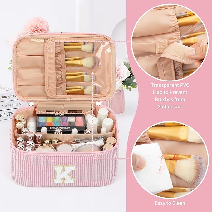 OCHEAL Makeup Bag for Women, Monogram Cosmetic Bag with Brush Holder, Pink Travel Makeup Case Beauty Toiletry Bag Organizer Personalized Gifts for Girls Bridesmaid, Sister, Wife, Friends Initial K