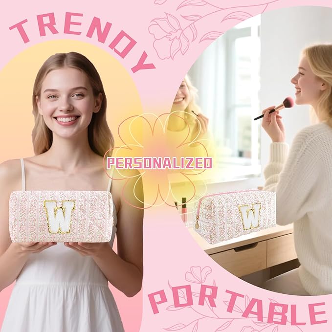 Personalized Quilted Cosmetic Bag, Puffy Monogrammed Christmas Birthday Gifts for Women & Girls, Cute initial Floral Makeup Bag Puffer Coquette Bag, Aesthetic Travel Toiletry Zipper Pouch(Pink,W)