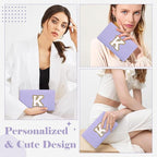 Personalized Makeup Bag Initial A-Z Preppy Patch Bag,Small PU Leather Travel Cosmetic Bag Pouch with Zipper,Purple Cute Toiletry Bag,Gift Ideal for Teen Girls Women Birthday Friend Mom,Latter K