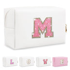 Small Initial Patch Makeup Bag Personalized Gifts Make Up Bag,White Cute PU Leather Glitter Letter Cosmetic Bag with Zipper,Trendy Portable Travel Toiletry Pouch,Preppy Stuff for Teen Girls Women M