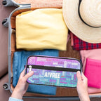 Personalized Name Toiletry Bag, Large Travel Cosmetic Bag Portable Makeup Organizer Bag for Women Bathroom Shower Essentials, Gradient Purple Blue Glittering