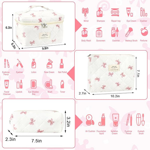 3Pcs Cotton Quilted Makeup Bag for Women Extra Large Coquette Small Floral Travel Cosmetic Bag Set Aesthetic Cute Bow Makeup Pouch Portable Toiletry Bag Puffy Essential Storage Organizer