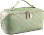 Abiudeng Travel Makeup Bag,Large Capacity Cosmetic Bags Toiletry Bag for Travel Essentials,Waterproof Portable Pouch Open Flat Makeup bag Organizer with Divider and Handle(Checkered-Green)