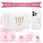 Small Personalized Initial A-Z Preppy Patch Makeup Bag,White PU Chenille Letter Travel Cosmetic Pouch with Zipper,Cute Toiletry Bag,Gift Ideal for Teen Girls Women Teacher Bridesmaid,Letter U