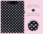 Kate Spade New York A4 Clipboard Folio with Low Profile Clip, Black Professional Padfolio Includes Lined Notepad, Pen Loop, and Pocket, Polka Dots