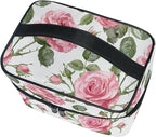 Makeup Train Case Leaves Flower Rose Pattern Carrying Portable Zip Travel Cosmetic Brush Bag Organizer Large for Women