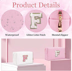 Small Personalized Glitter Initial Letter Makeup Bag, Cute PU Leather Chenille Letters Cosmetic Bag Travel Makeup Pouch, Preppy Travel Organizer Zipper Pouch for Women&Girls（Pink-F）